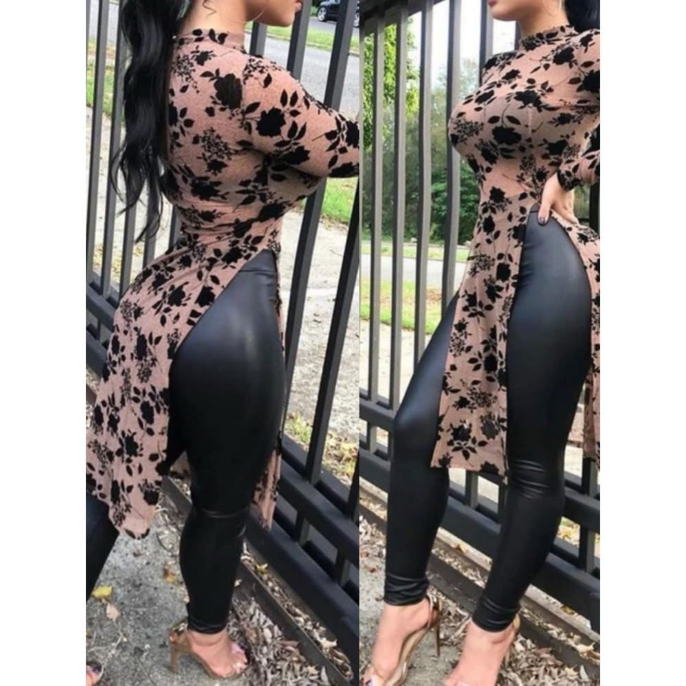 Black & Pink Floral Flocked Velvet Mesh Sheer Long Sleeve High Thigh Split Top